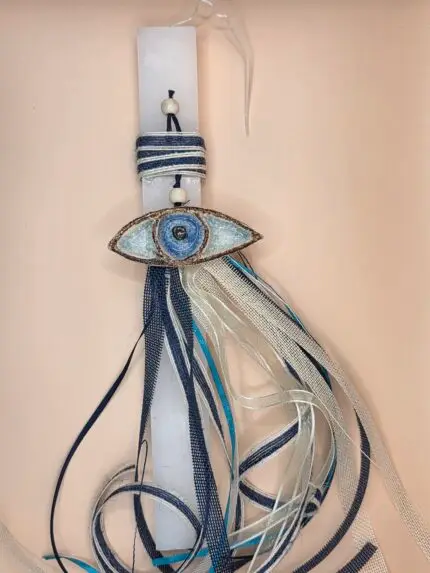 Χειροποίητη Πασχαλινή Λαμπάδα "Aegean Eye" – Με Κεραμικό Μάτι & Boho Κορδέλες